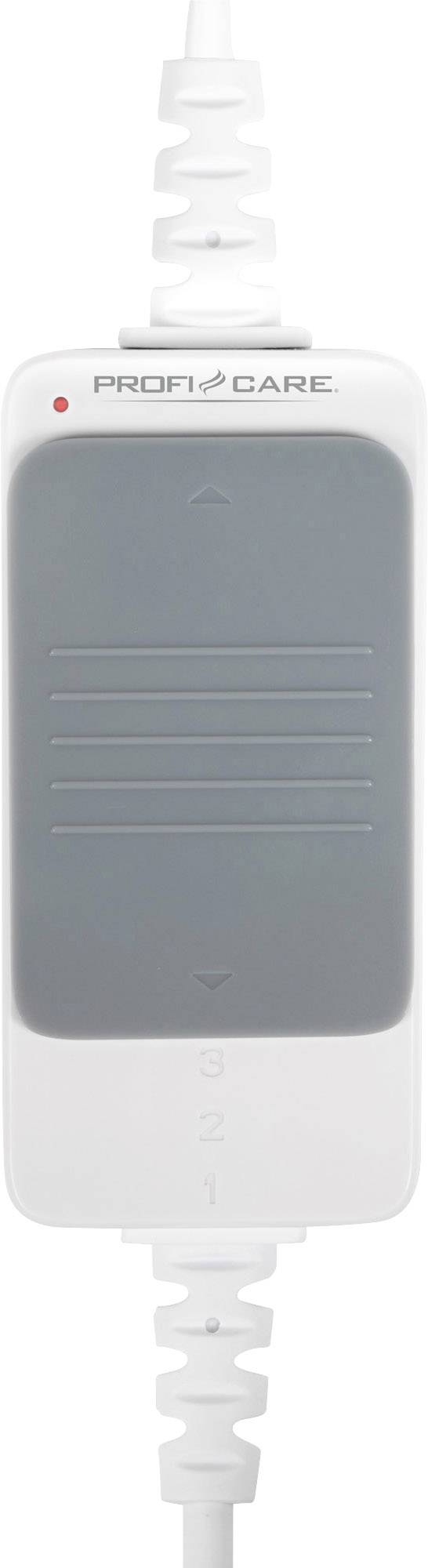 Elektryczny przełącznik do urządzenia grzewczego, z szarym przyciskiem centralnym i czerwoną kontrolką. Marka 'ProfiCare' widoczna u góry.