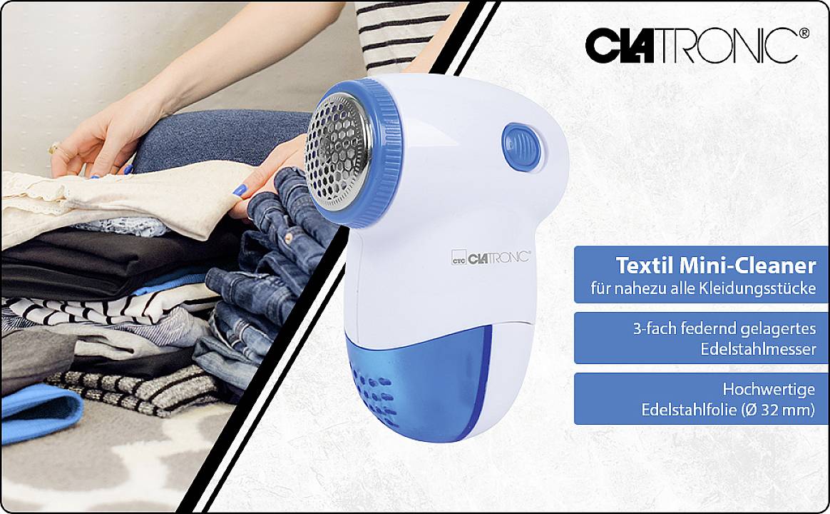 Mini-Czyścik do Tekstyliów. Trójstronnie sprężynowo mocowany nóż ze stali nierdzewnej, wysokiej jakości folia ze stali nierdzewnej. Idealny do czyszczenia tkanin.