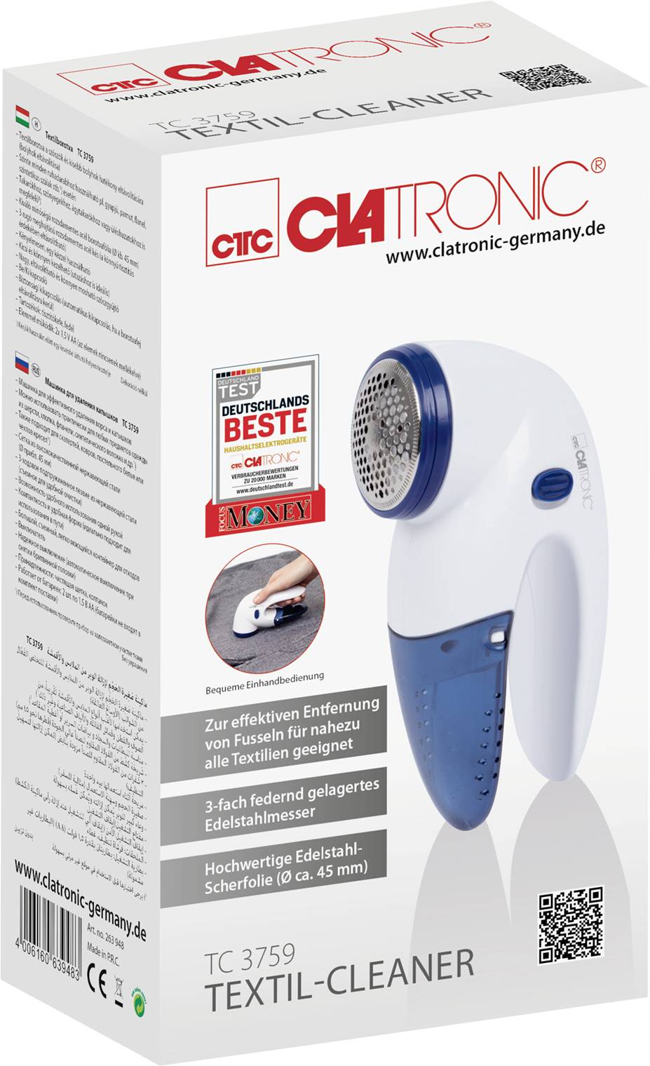 Opakowanie Textile-Cleaner z wizerunkiem urządzenia. Usuwa włókna i kłaczki z tkanin. Nagrody: Zwycięzca testu 'NAJLEPSI W NIEMCZECH'.