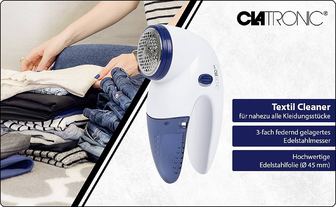 Elektryczny depilator do ubrań w ręce, obok stosu złożonej odzieży. Tekst: 'Czyściciel tkanin do niemal wszystkich rodzajów ubrań'.