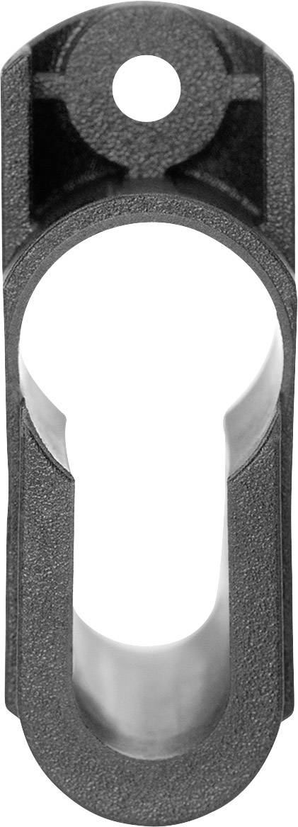 Metalowy, rurkowaty obiekt z otworem na górnej powierzchni, prawdopodobnie element mocujący lub zacisk montażowy.