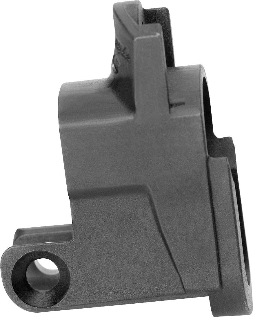 Czarny element z tworzywa sztucznego z okrągłym otworem od spodu. Prostokątne i zaokrąglone elementy tworzą jego strukturę.