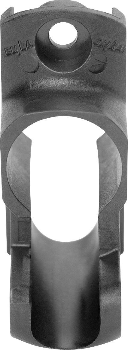 Czarny metalowy element z okrągłym otworem u góry i dużą, cylindryczną pustką w środku.