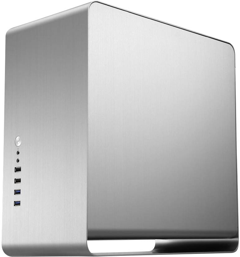 Srebrna, minimalistyczna obudowa komputera z wieloma portami USB z przodu oraz okrągłym przyciskiem zasilania.