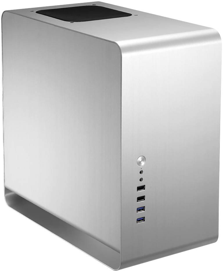 Srebrna obudowa komputera z portami USB i okrągłym włącznikiem na przedniej ścianie, zaprojektowana minimalistycznie i nowocześnie.