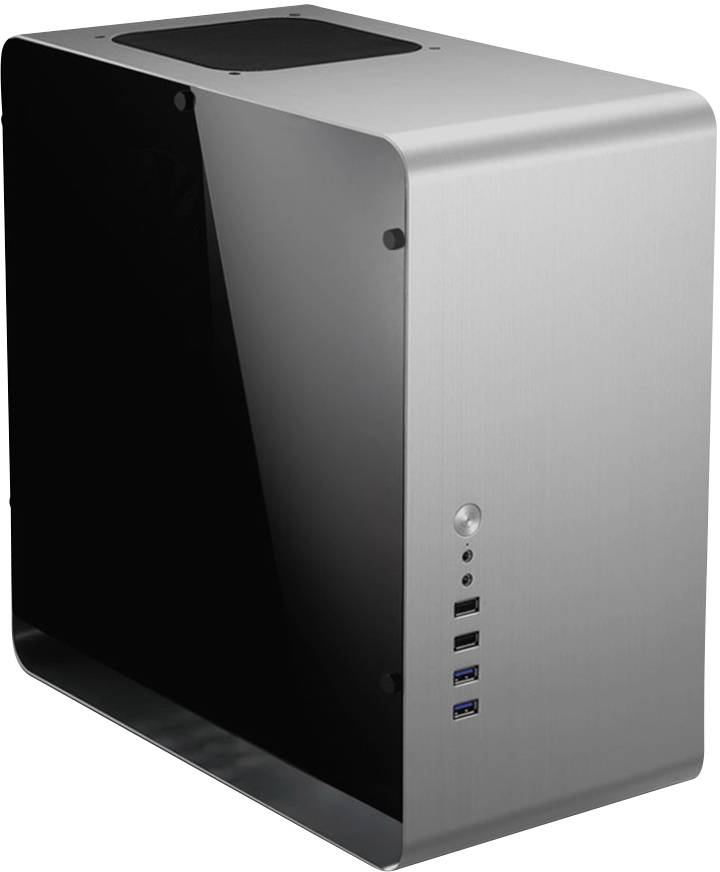 Srebrna obudowa komputera z czarnymi akcentami i kilkoma portami USB z przodu.