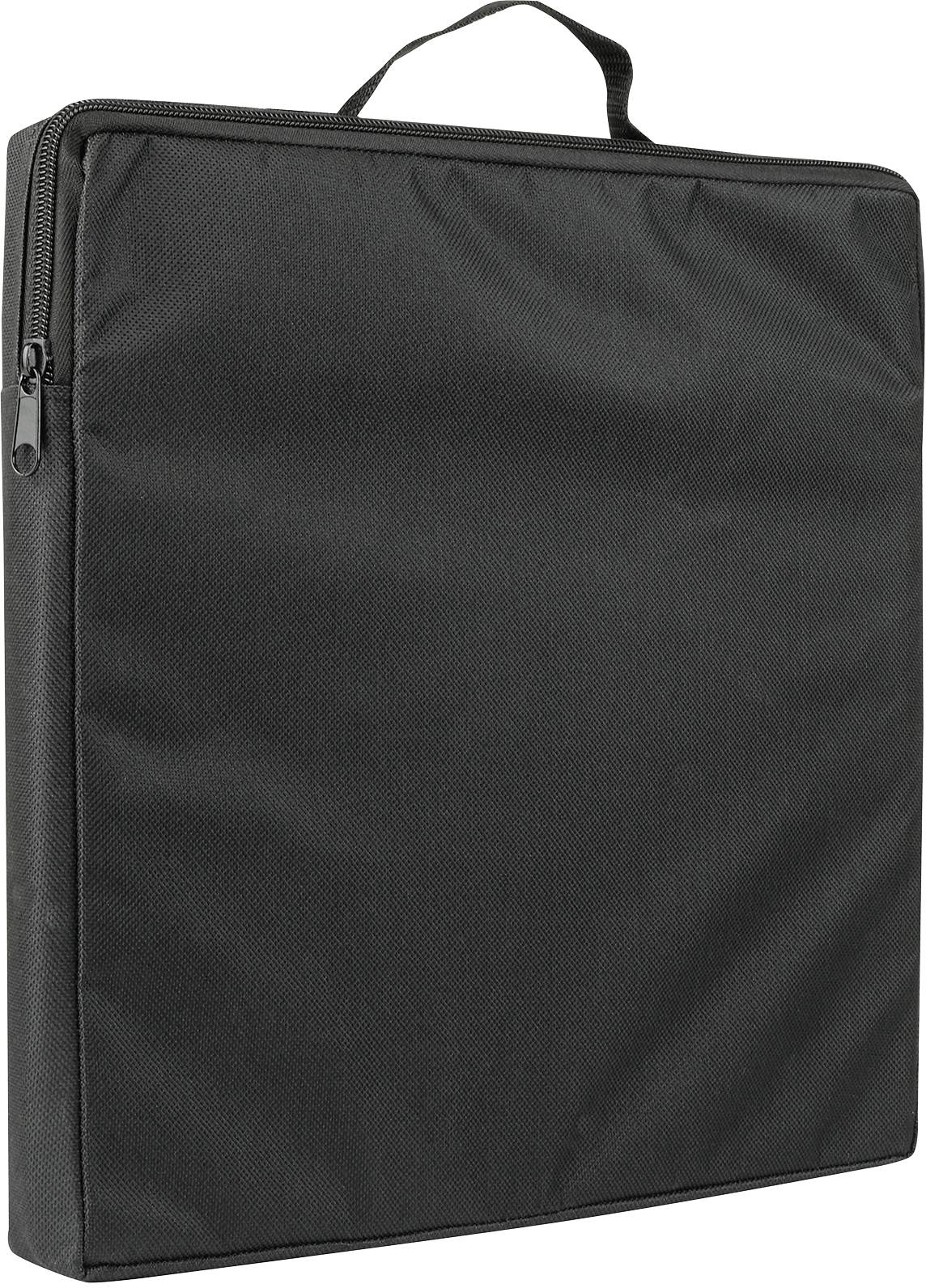 Czarna, prostokątna torba z uchwytem i zamkiem błyskawicznym, odpowiednia do przechowywania lub transportowania płaskich przedmiotów.