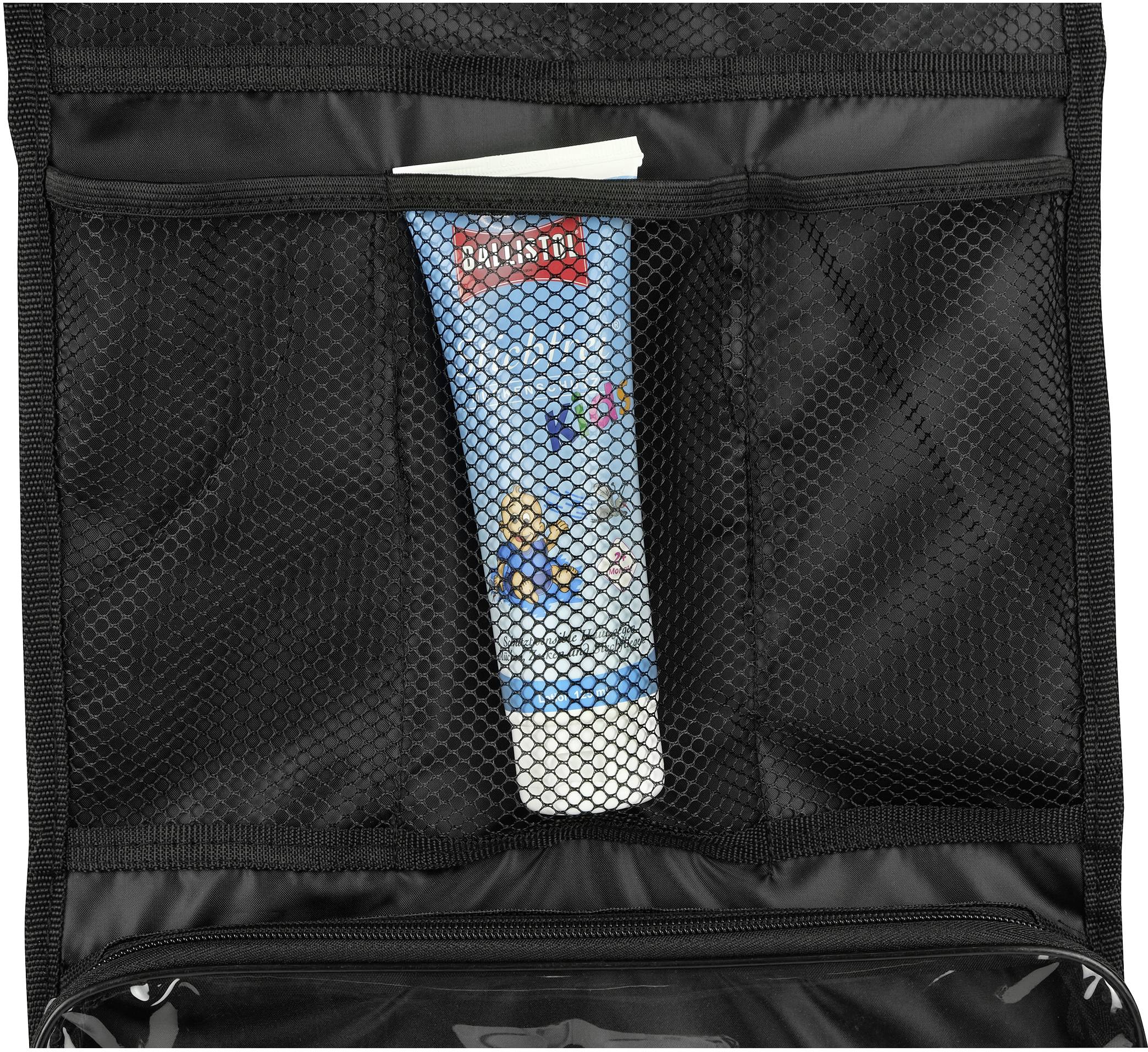 Tubka pasty do zębów jest umieszczona w czarnej siateczkowej kieszeni torby.