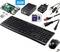 Zestaw Raspberry Pi 4 z 2GB RAM, czarną klawiaturą, myszą, zasilaczem, obudową, kablami HDMI i Ethernet oraz kartą MicroSD.