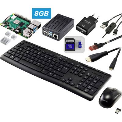 Zestaw startowy 'Raspberry Pi 4' z modułem 8 GB, obudową, zasilaczem, radiatorem, kartą SD, kablami HDMI i sieciowym oraz klawiaturą i myszą.