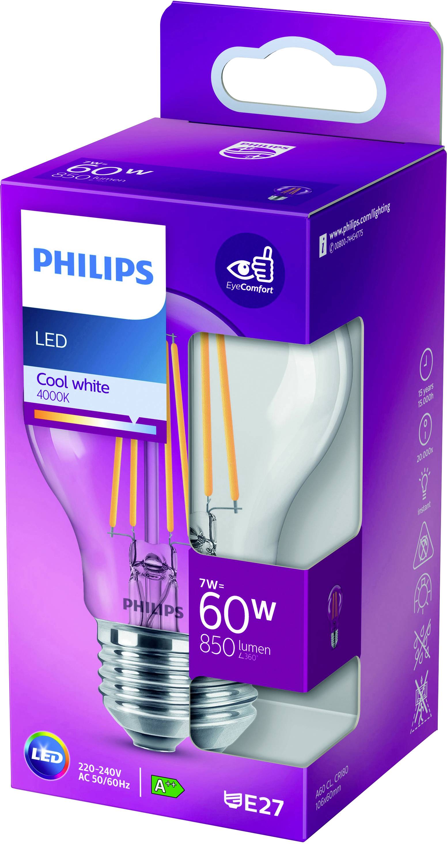 Żarówka LED marki Philips w fioletowym opakowaniu, o mocy 7W, odpowiednik 60W, 850 lumenów, z gwintem E27, oznaczona jako 'Chłodna biel'.