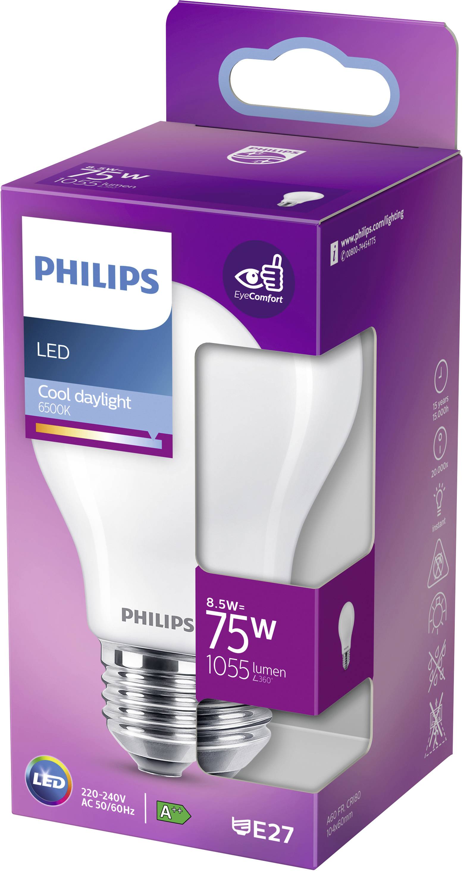 Żarówka LED marki Philips w fioletowym opakowaniu. Dane: 8,5W, odpowiednik 75W, 1055 lumenów, oprawka E27, światło dzienne chłodne.