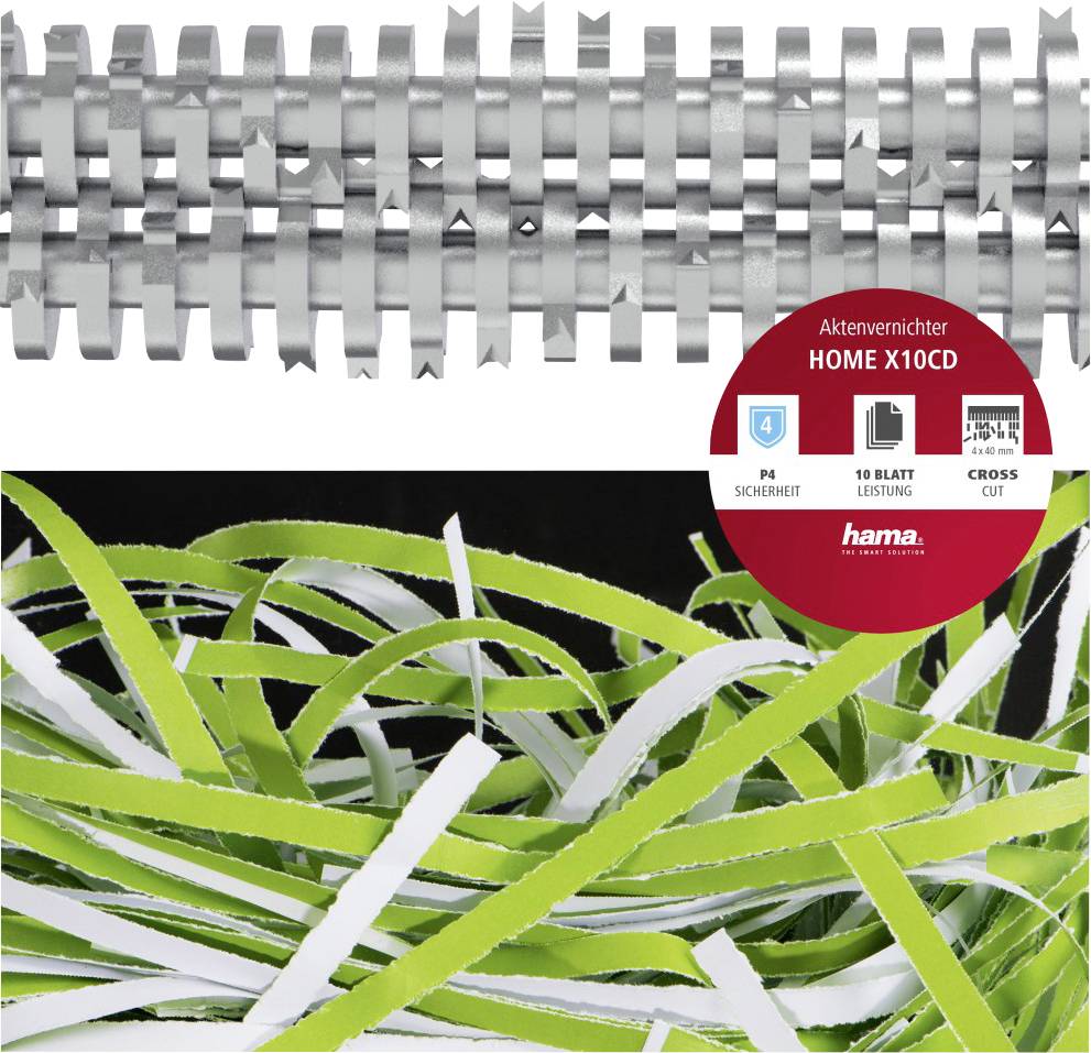 Niszczarka dokumentów klasy P4 z nożami tnącymi w poprzek, pokazująca pocięte na małe kawałki papier w kolorach białym i zielonym.