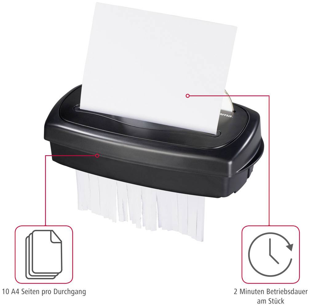 Elektryczny niszczarka dokumentów, czarna obudowa, rozdrabnia strony A4 na paski. Uwaga: pojemność 10 stron, czas pracy 2 minuty.