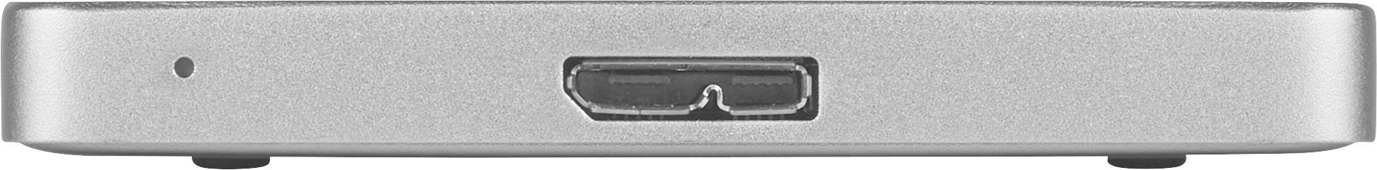 Srebrzysta przednia strona urządzenia elektronicznego z gniazdem USB pośrodku.