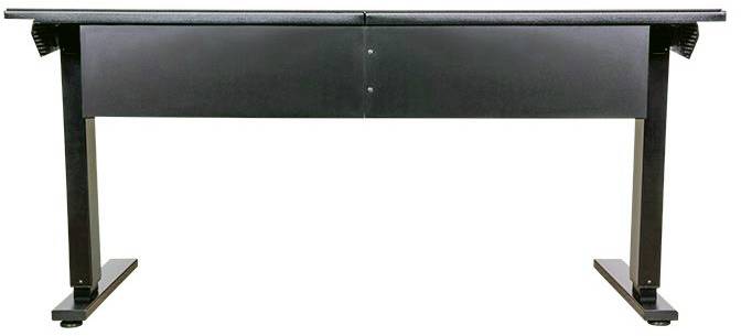 Czarny biurko z prostokątnym blatem i stabilnymi metalowymi nogami.