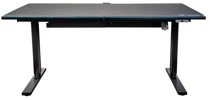 Czarny, regulowany na wysokość biurko o minimalistycznym designie. Idealnie nadaje się do ergonomicznej pracy w biurze lub w domu.