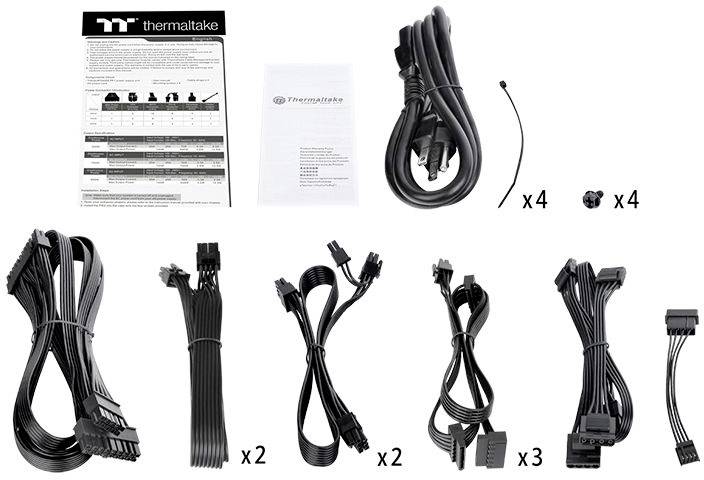 Zestaw kabli Thermaltake z 8 kablami, opaskami kablowymi i instrukcjami w lewym górnym rogu; kompatybilny z różnymi modelami zasilaczy.