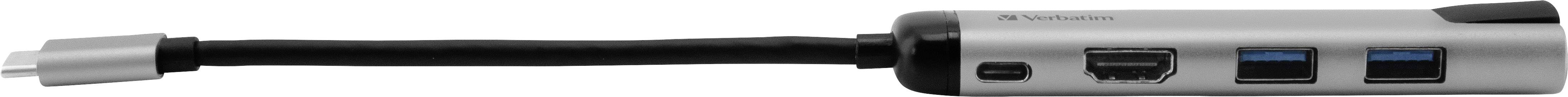 Szary hub USB z wieloma portami, w tym portami USB, portem HDMI oraz gniazdem kabla sieciowego.