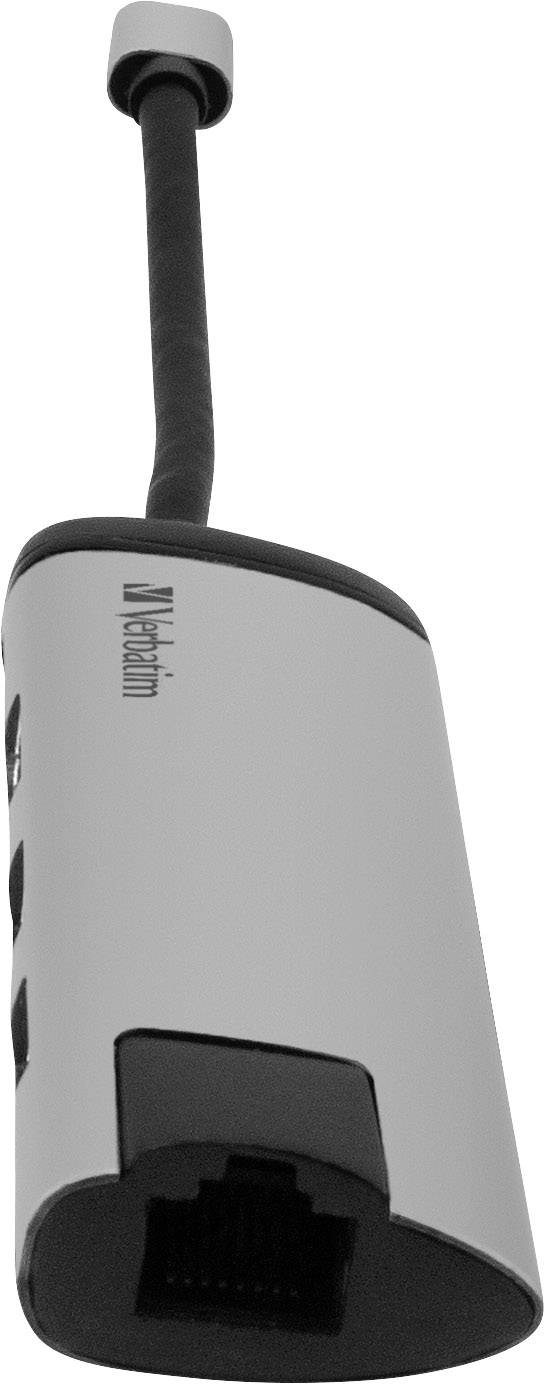 Szary adapter Verbatim z wieloma portami, w tym portem Ethernet. Używany do łączenia urządzeń z sieciami.