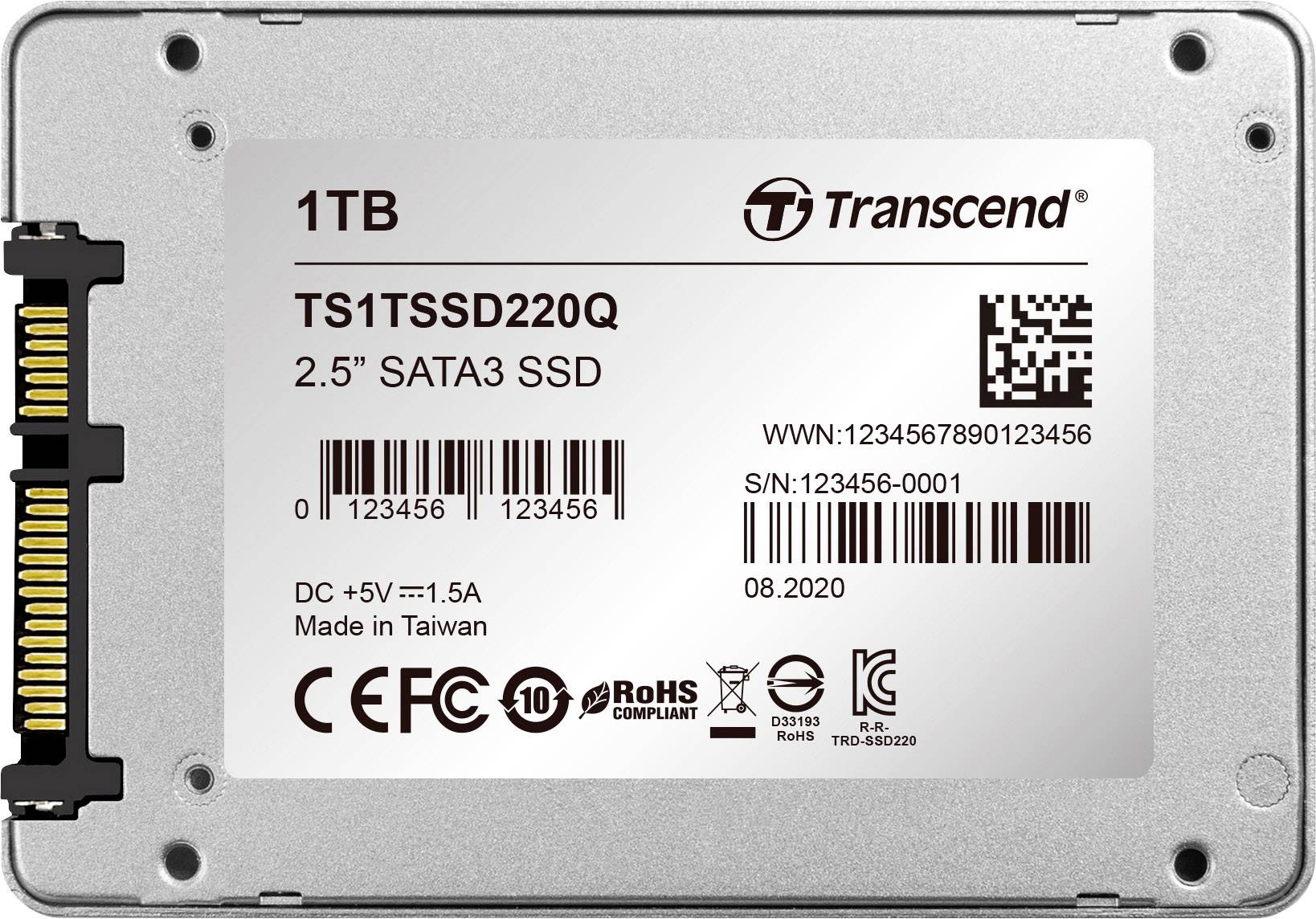 "Srebrny dysk SSD Transcend o pojemności 1TB, 2,5" SATA3, model TS1TSSD220Q, z kodem kreskowym i numerem seryjnym, wyprodukowany na Tajwanie w sierpniu 2020 roku."