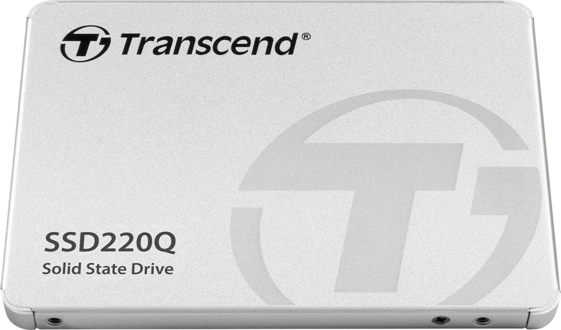 Zewnętrzny dysk SSD 'SSD220Q' firmy Transcend, srebrny, z logo i oznaczeniami w lewym górnym rogu.