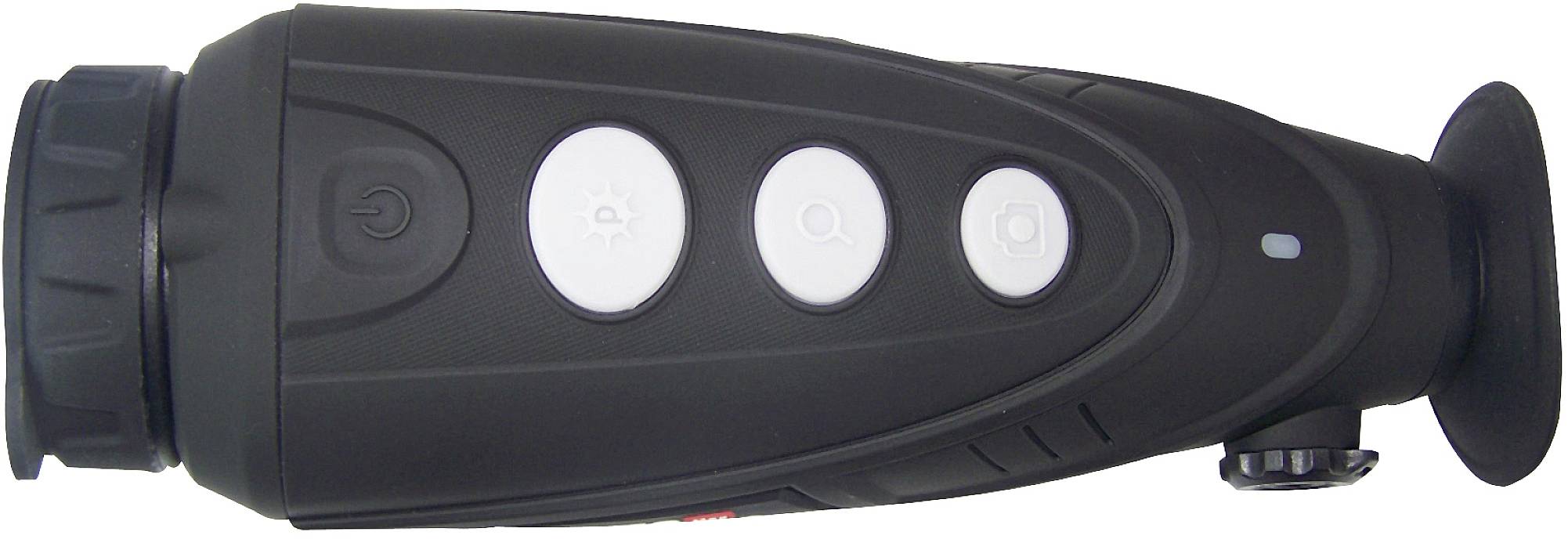 Wpis dotyczący kamery nocnej lub termowizyjnej. Ręczne urządzenie z czterema przyciskami po boku, przeznaczone do obserwacji w ciemności.