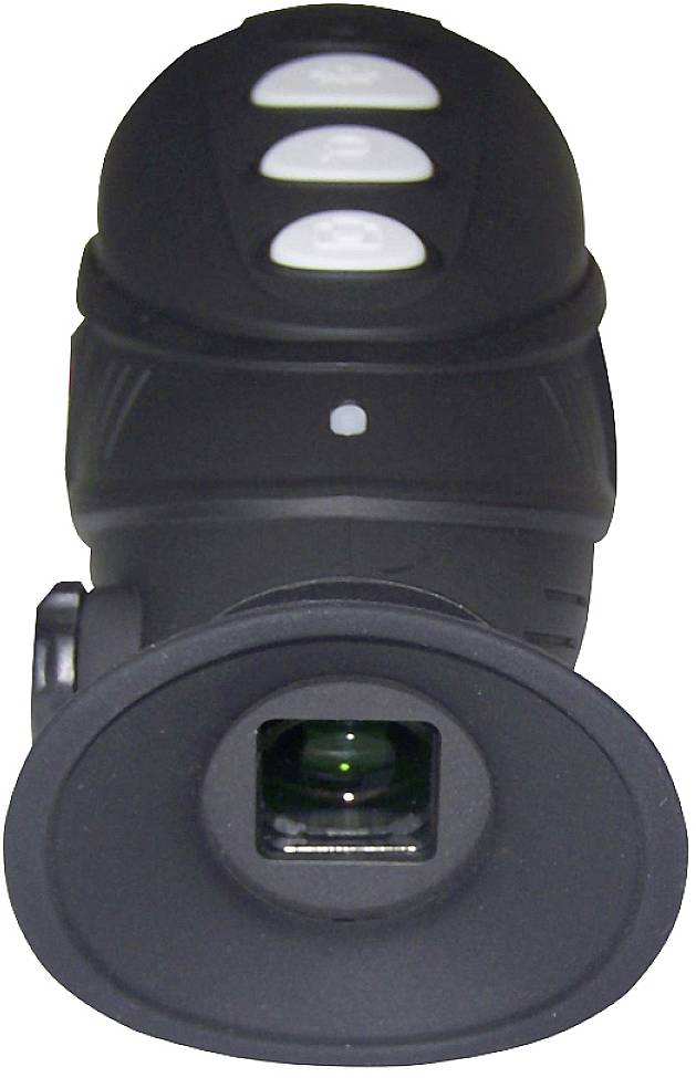 Czarna kamera nocnego widzenia z czterema białymi przyciskami na górnej powierzchni, skierowana obiektywem do przodu. Idealna do celów monitoringu.