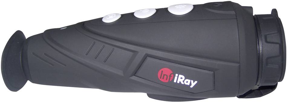Przenośne urządzenie noktowizyjne z czarną obudową i czterema białymi przyciskami sterującymi, z nadrukowanym logo 'iRay'.