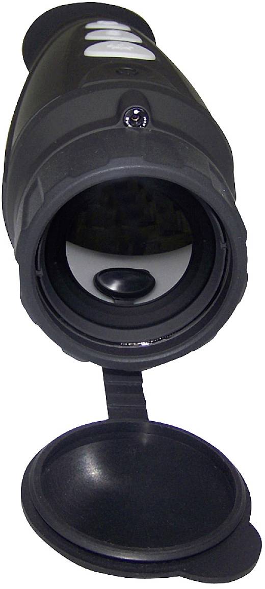 Przenośny, czarny monokular noktowizyjny z odkrytą pokrywą obiektywu.