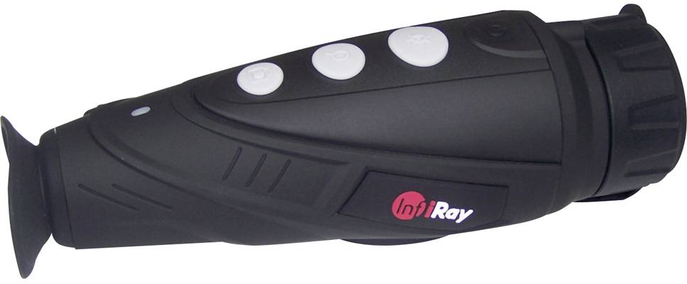 Czarny, monokularnowy detektor podczerwieni z czerwonym logo 'IRay', czterema białymi przyciskami sterującymi, kompaktowy do ręcznego użycia.