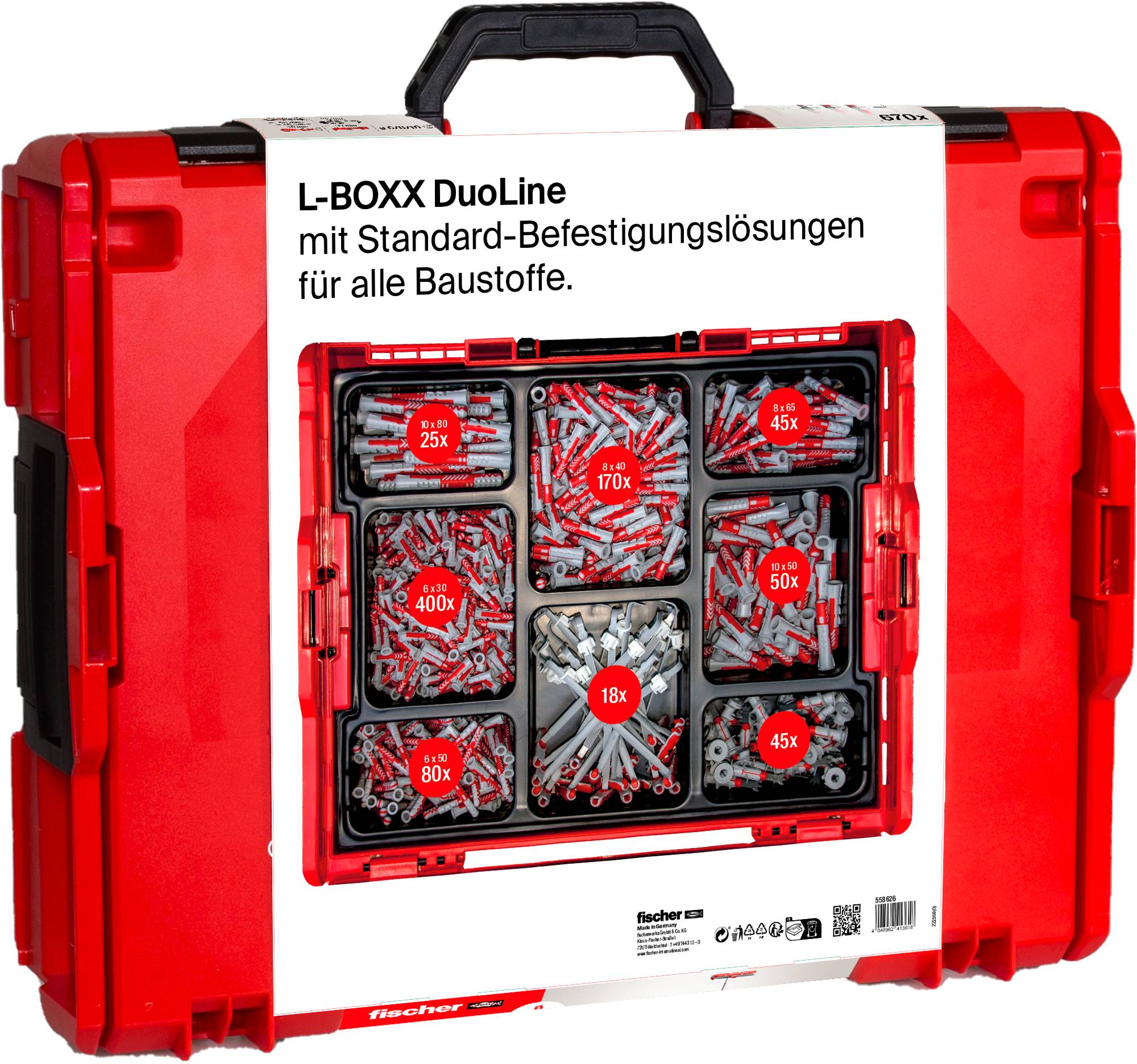 Kołek rozporowy wykonany z tworzywa sztucznego, posiadający czarno-czerwoną wkładkę, wyposażony w ukośne żeberka zapewniające stabilność podczas montażu w ścianach gipsowo-kartonowych.