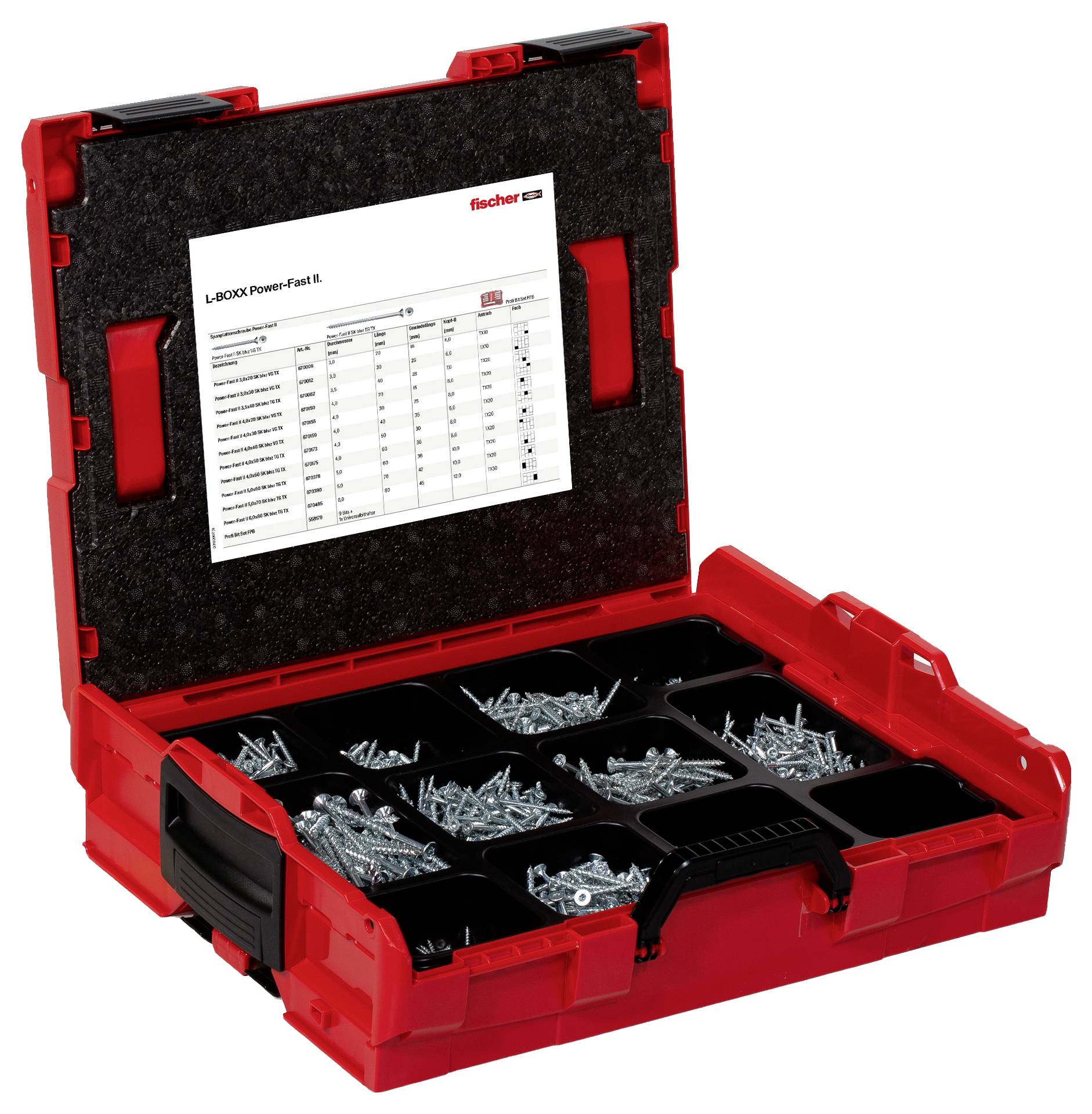 Czerwona skrzynka narzędziowa zawierająca dziewięć przegródek wypełnionych różnymi śrubami i elementami mocującymi. Arkusz instrukcji ze specyfikacją jest dołączony do wewnętrznej strony pokrywy.