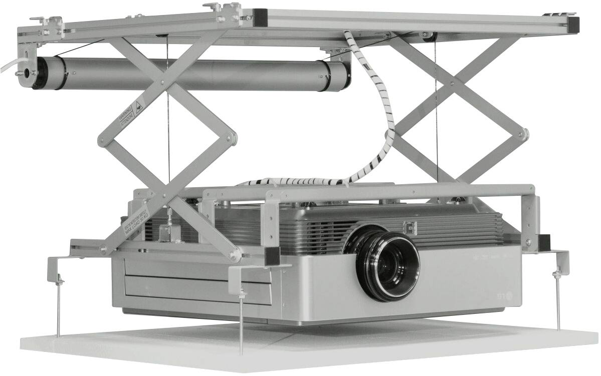 Podnośnik sufitowy z projektorem, idealny do sal konferencyjnych lub domowego kina; stanowi przykład rozwiązania oszczędzającego przestrzeń.