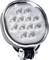 Okrągła, srebrzysta lampa LED z przezroczystą osłoną, wewnątrz której widocznych jest kilka lamp LED, zamocowana na uchwycie.