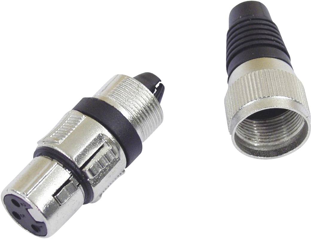 Dwa srebrzyste wtyki z czarną izolacją z tworzywa sztucznego. Jeden przedstawia stronę przyłączeniową z trzema otworami, drugi zaś złącze śrubowe.