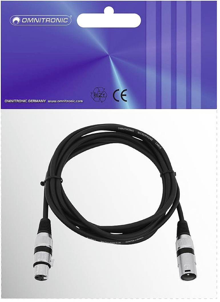 Na zdjęciu przedstawiono kabel XLR marki Omnitronic, zaprezentowany w opakowaniu o niebieskim designie.