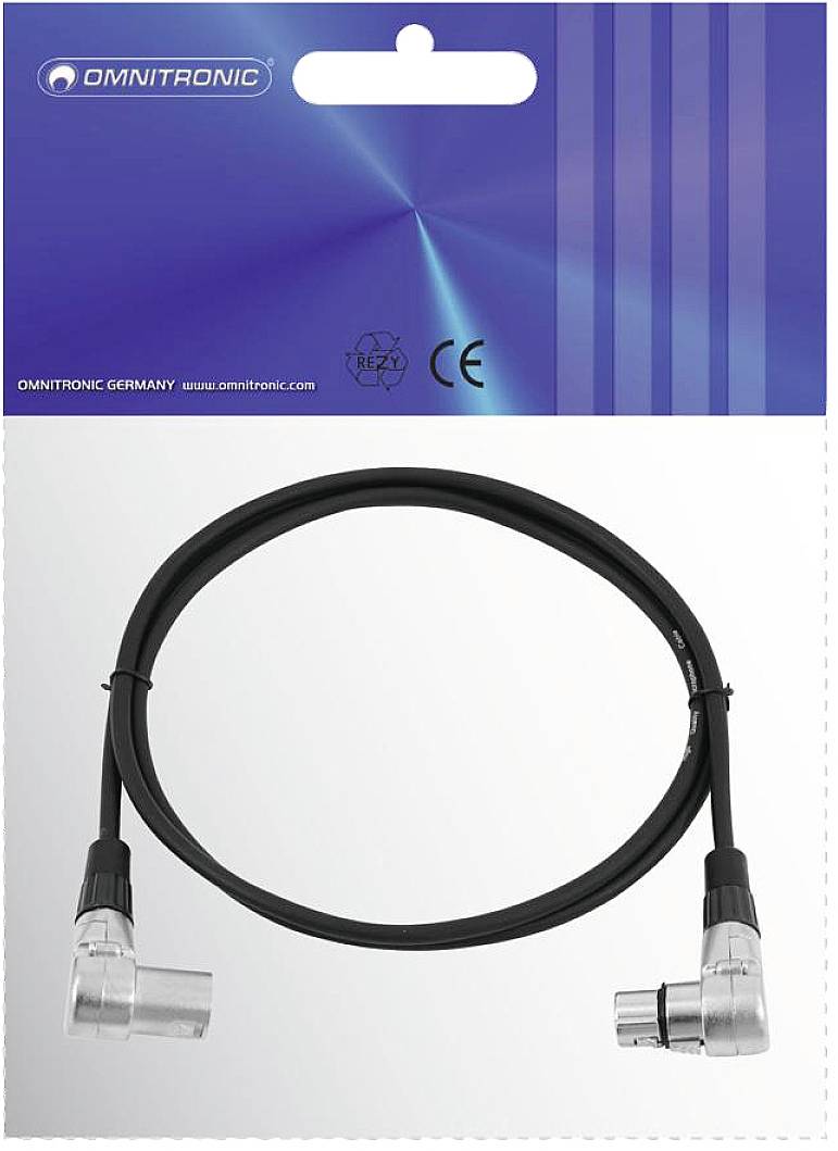 Czarny kabel audio z dwoma złączami kątowymi, zapakowany na niebieskim kartonie z nazwą marki 'OMNITRONIC'.