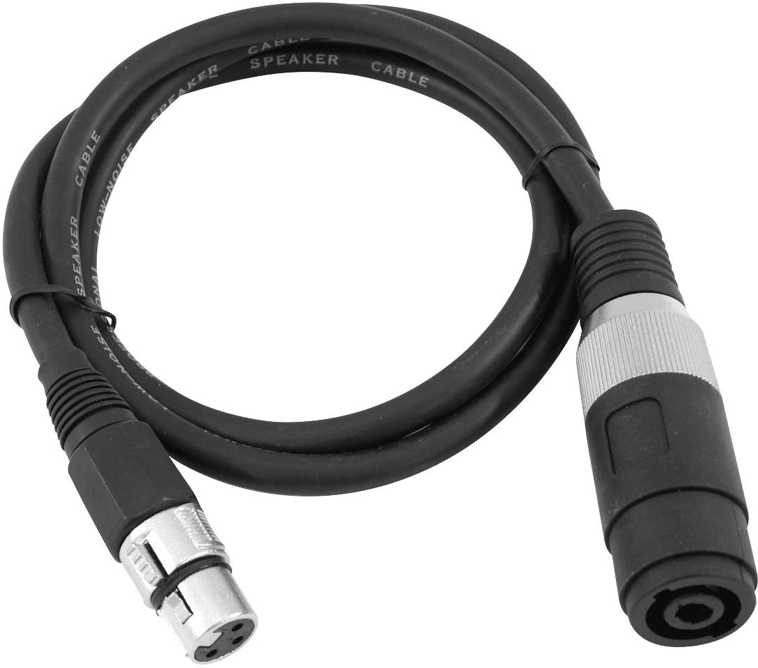 Czarny kabel audio z srebrnymi i czarnymi wtyczkami, z jednej strony wtyk męski, z drugiej żeński, do połączeń audio.