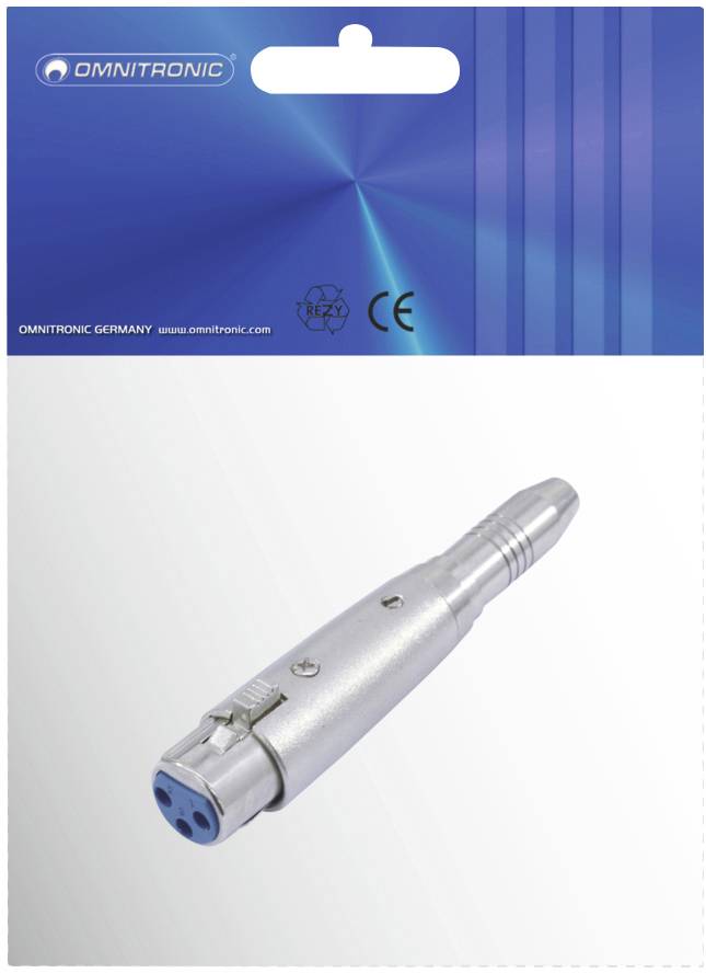 Adapter XLR firmy Omnitronic w oryginalnym opakowaniu, srebrna metalowa obudowa, niebieska i srebrna wtyczka, odpowiedni do kabli audio.