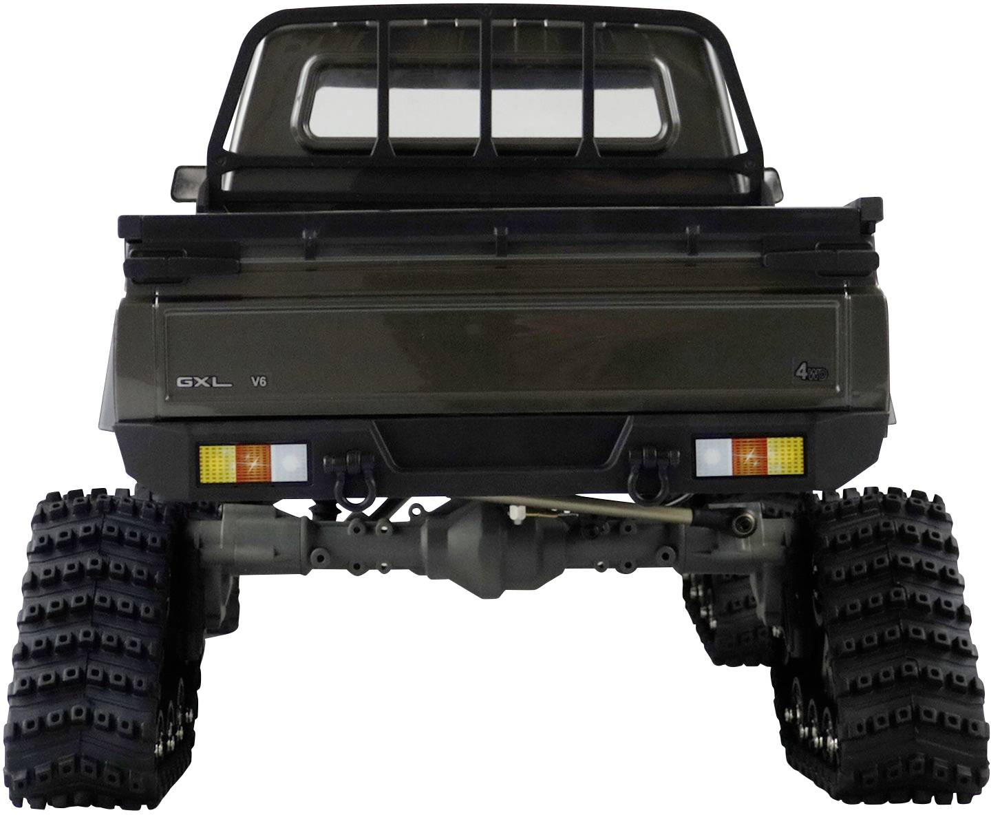 Miniaturowy model samochodu terenowego widziany od tyłu z masywnymi oponami do jazdy w trudnym terenie.