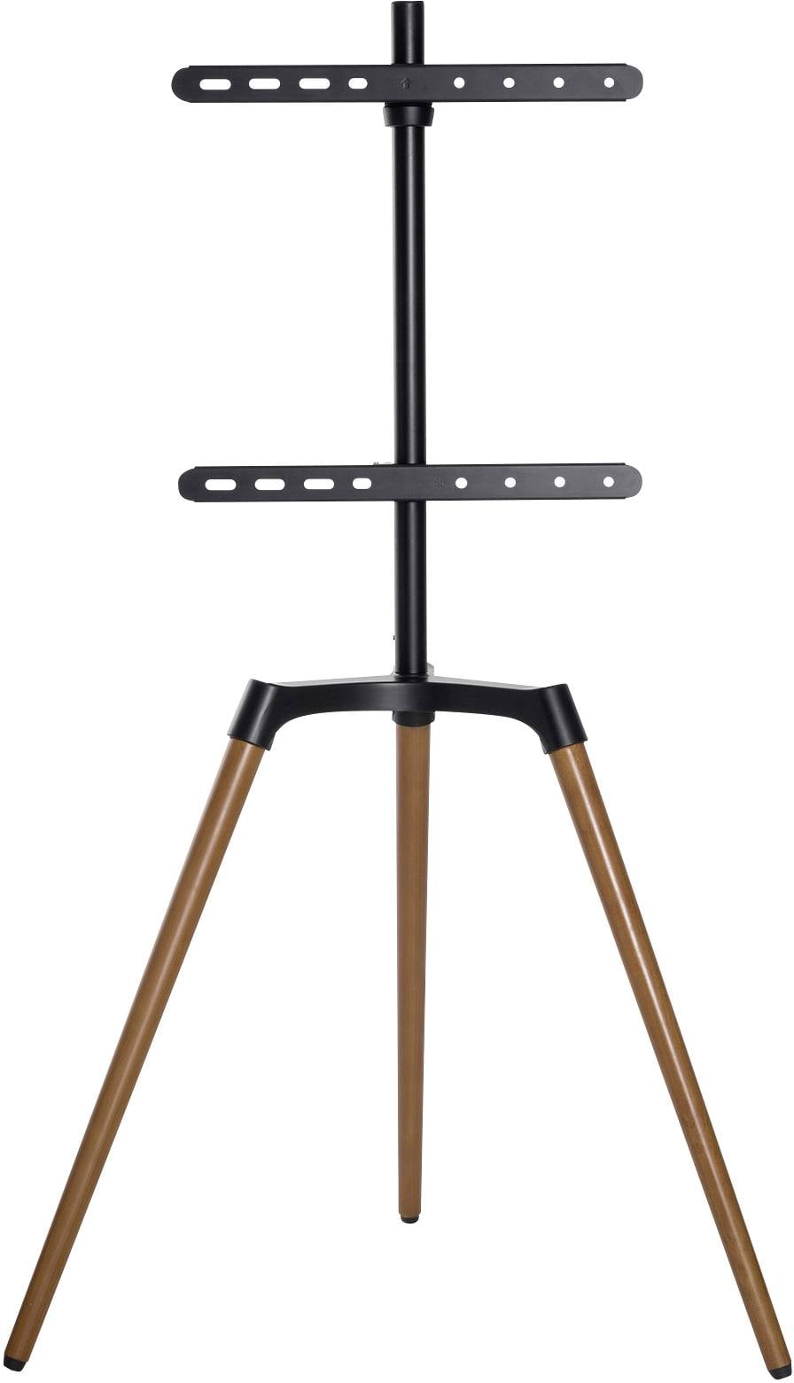 Stojak na telewizor z czarnym uchwytem i trzema brązowymi nogami drewnianymi. Idealny do nowoczesnego wnętrza, zapewnia stabilność i elegancję.