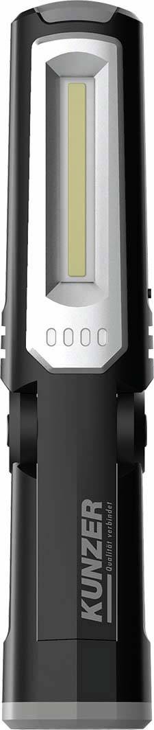 Czarna przenośna lampa robocza LED firmy Kunzer z srebrnym reflektorem i zintegrowanym gniazdem ładowania z tyłu.