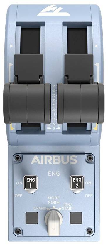 Niebieski system przepustnicy z dwoma dźwigniami i przełącznikami; napis 'AIRBUS' powyżej. Centralne elementy sterujące samolotu.