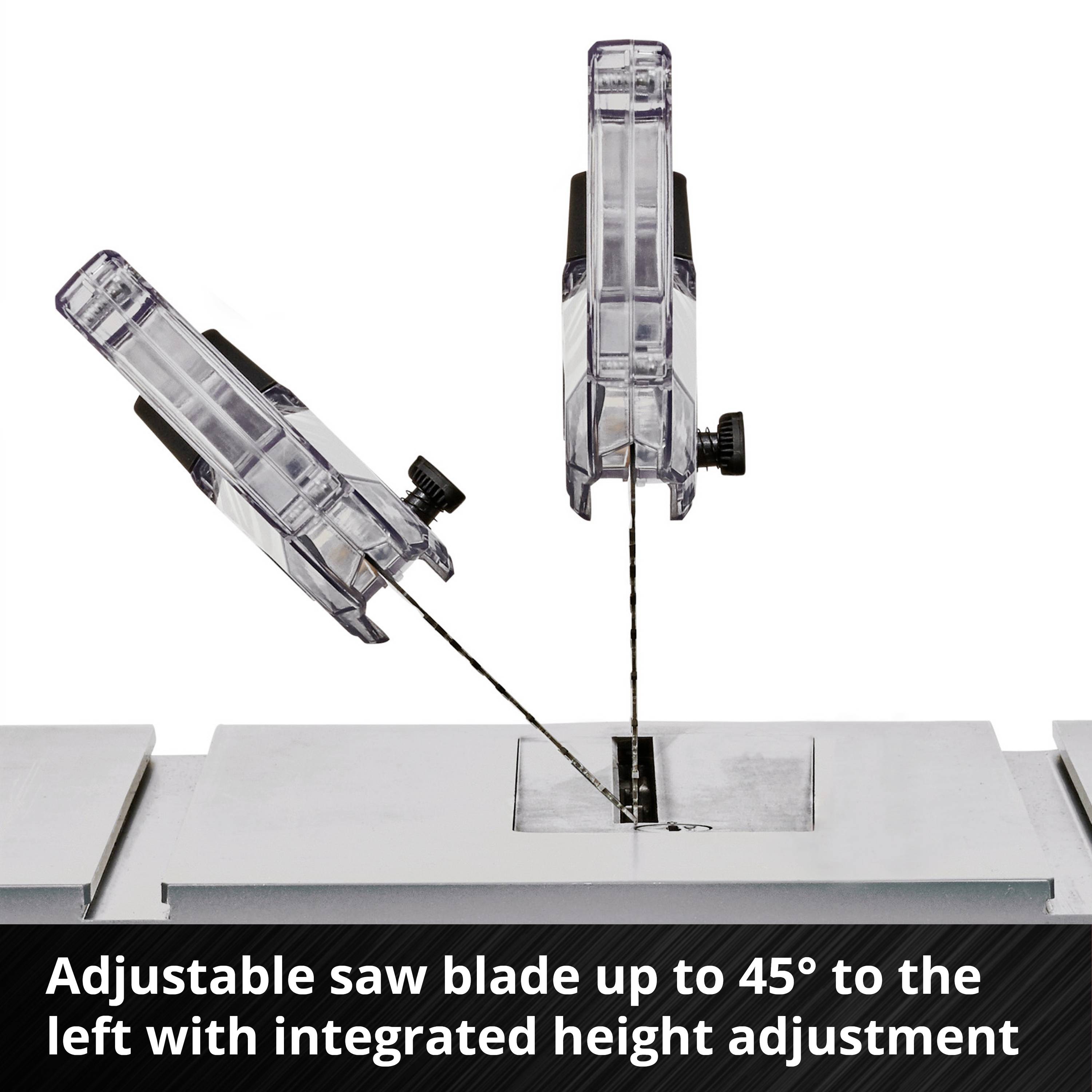 Regulowana piła z możliwością pochylenia ostrza do 45° w lewo, z zintegrowaną regulacją wysokości.