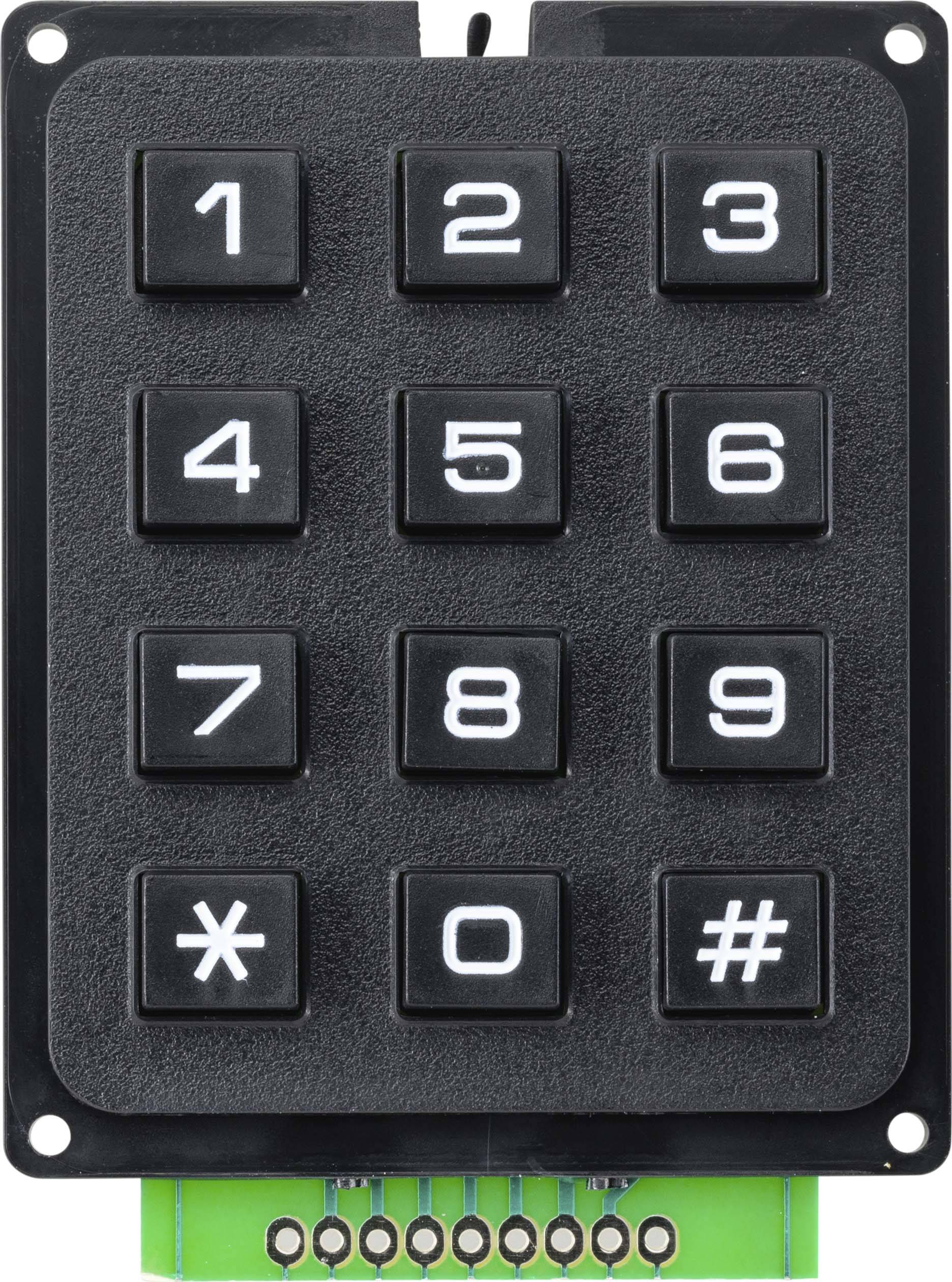 Numeryczna klawiatura z przyciskami od 0 do 9 oraz znakami gwiazdki i kratki, zamontowana na zielonej płytce elektronicznej.