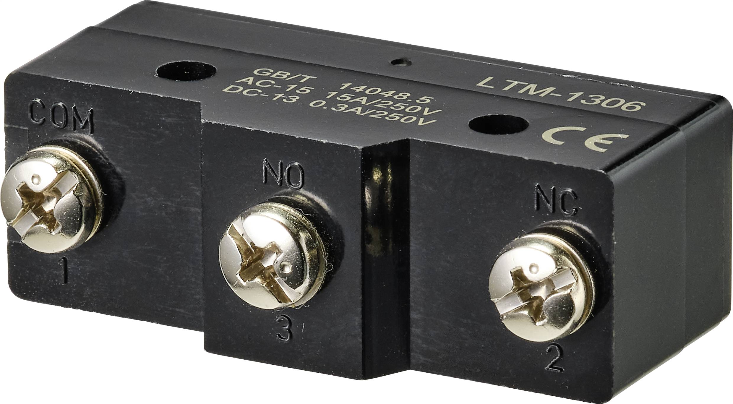 'Czarny mikrołącznik LTM-1306 z trzema punktami przyłączeniowymi: COM, NO i NC, specyfikacje napięcia wygrawerowane na powierzchni.'