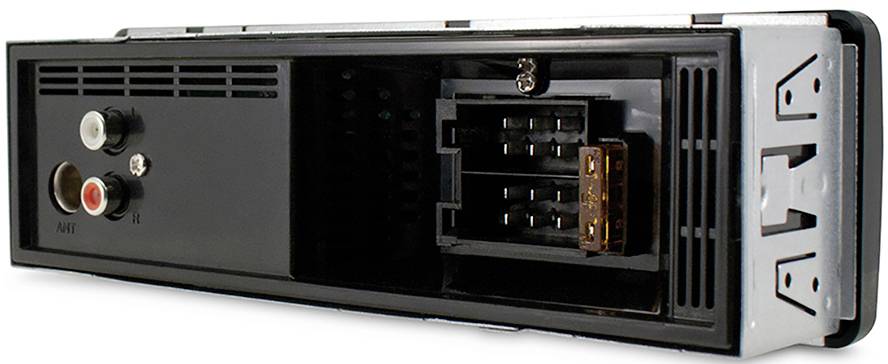 Widok z tyłu radia samochodowego. Widoczne złącza i gniazda do podłączenia przewodów. Bez widocznych oznaczeń marki.