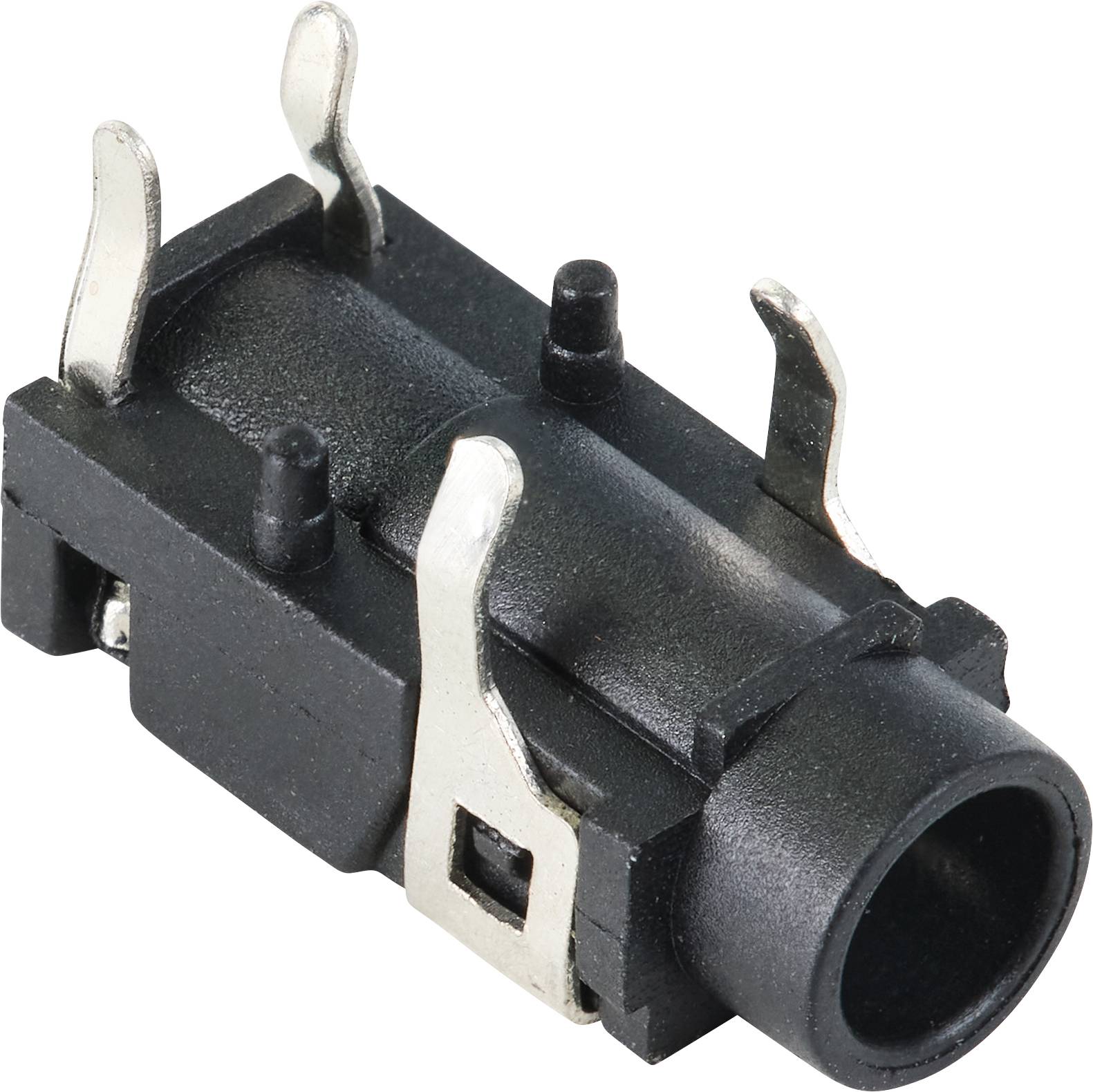 Czarna wtyczka jack z metalowymi stykami, przeznaczona do montażu na płytce drukowanej. Odpowiednia do urządzeń audio.