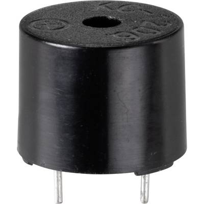 'Mały, czarny, cylindryczny brzęczyk piezoelektryczny z dwoma metalowymi pinami do akustycznej sygnalizacji w urządzeniach elektronicznych.'